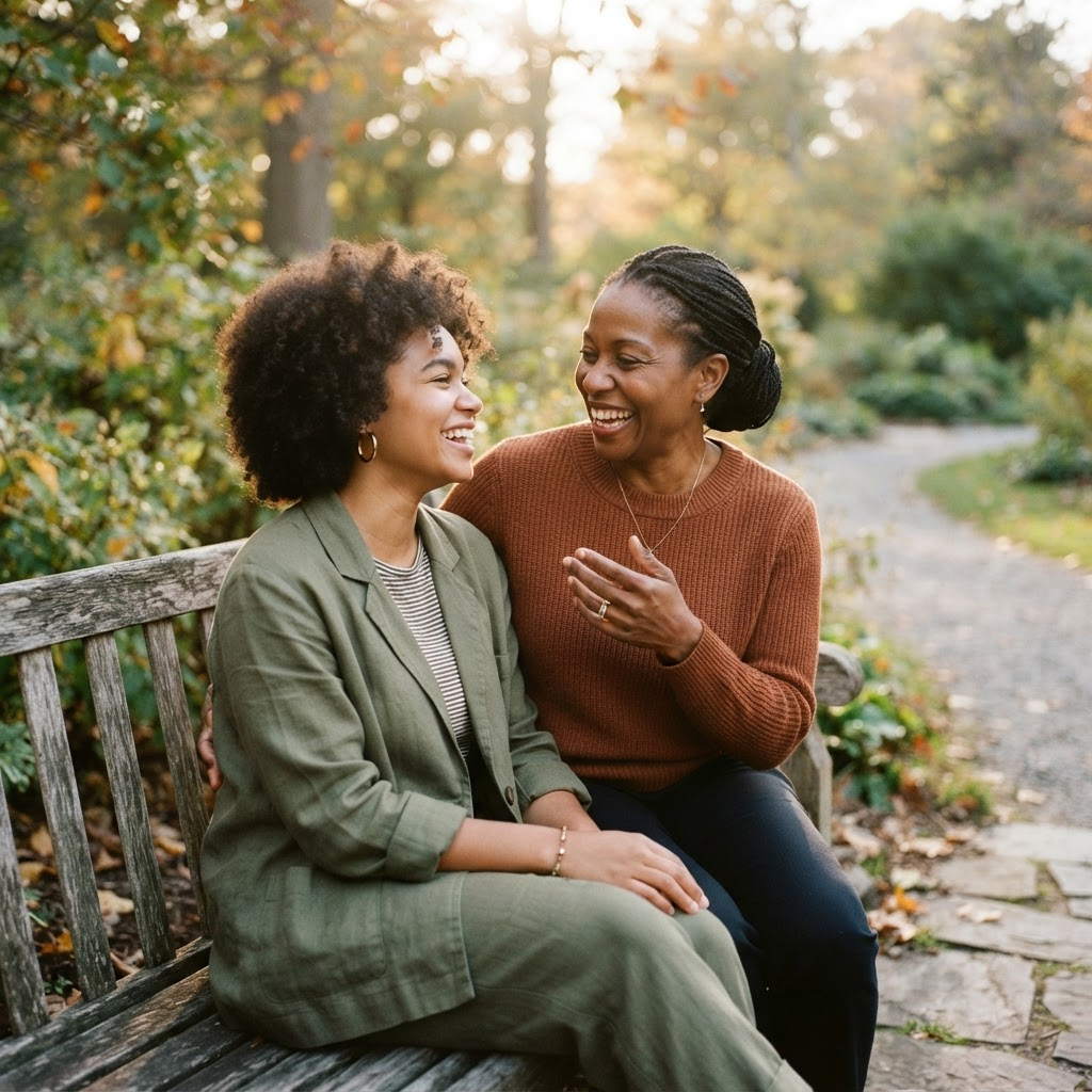 A mother and her daughter sitting close together outdoors, smiling and connecting in conversation